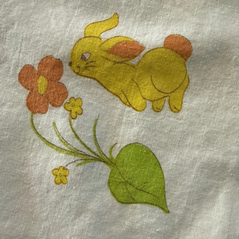 Vintage 1970s Babycare Crib Pillowcase Yellow Bunny Green Turtle Nursery